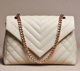 Elegant white quilted ladies laptop bag with gold chain strap, minimalist luxury design, isolated clean background, modern fashion accessory.
