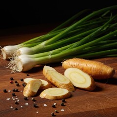 Freshly harvested root vegetables and aromatic stalks, essential ingredients for preparing hearty homemade soup stock on a wooden surface ,carrot ,onion ,wooden