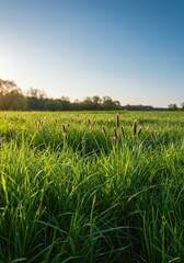 Gentle breezes flow through a field of green grass and budding wildflowers, announcing the end of cold weather and the vibrant start of the new growing season ,growth ,soft ,tranquil