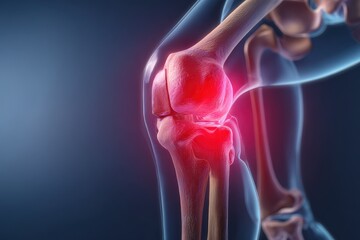 A detailed illustration of a human knee joint, highlighting inflammatory areas with a glowing red effect, showcasing the anatomy and potential pain points.