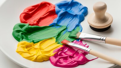 Vibrant primary and secondary paint dollops arranged in a circle on a white plate with two brushes and a wooden stamp
