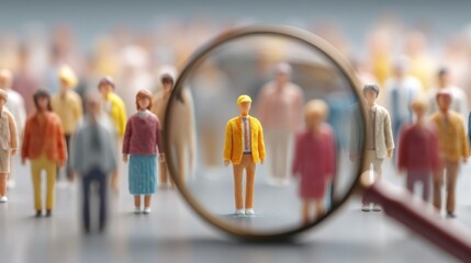Magnifying glass focuses on individual in crowd