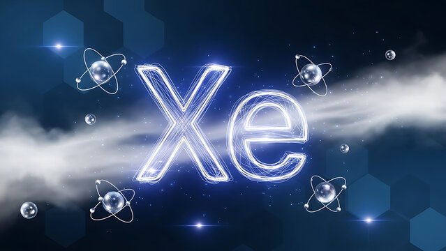 Xenon Element Symbol Xe with Atomic Structure on Abstract Blue Background
