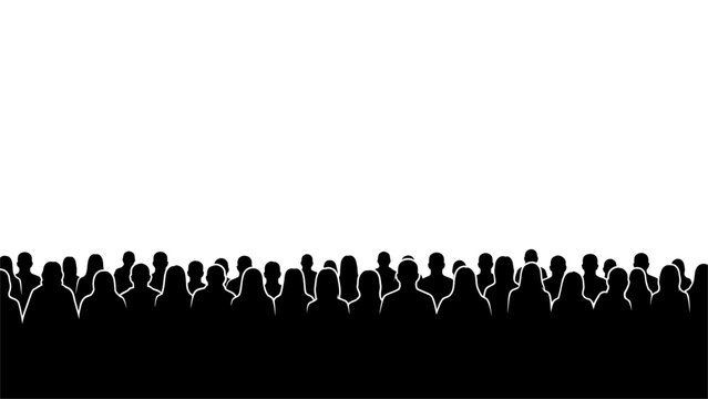 Large crowd of people silhouettes standing together on white background.