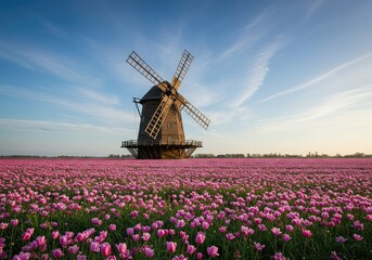 Historic wooden windmill standing proudly amidst a vibrant field of blossoming spring flowers under a bright, clear sky on a sunny afternoon ,peaceful ,natural ,outdoor