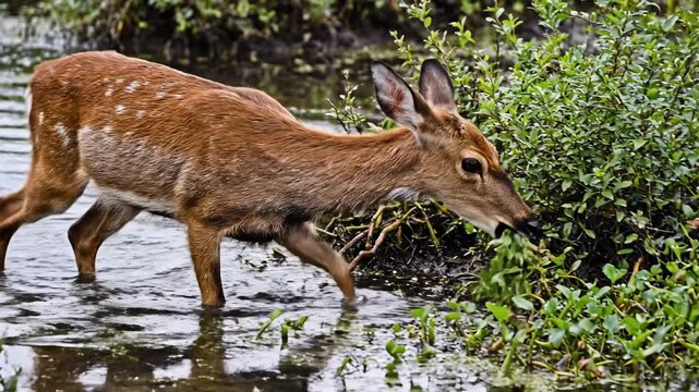 Swamp Deer Grazing in Wetland Habitat - A Wildlife Encounter.