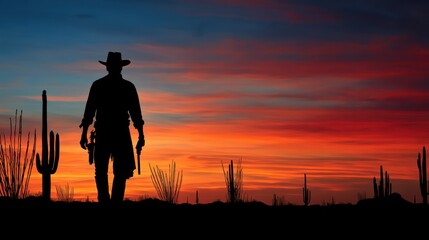 Cowboy silhouette at sunset in desert