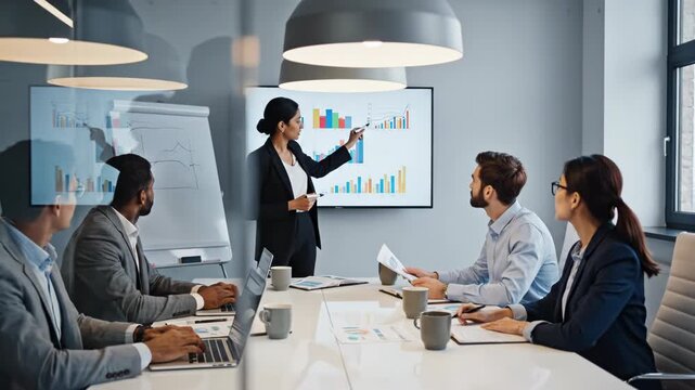Businesswoman presenting financial chart data on screen to diverse group of colleagues during modern office meeting or presentation