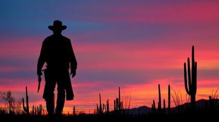 Cowboy silhouette at sunset in desert landscape