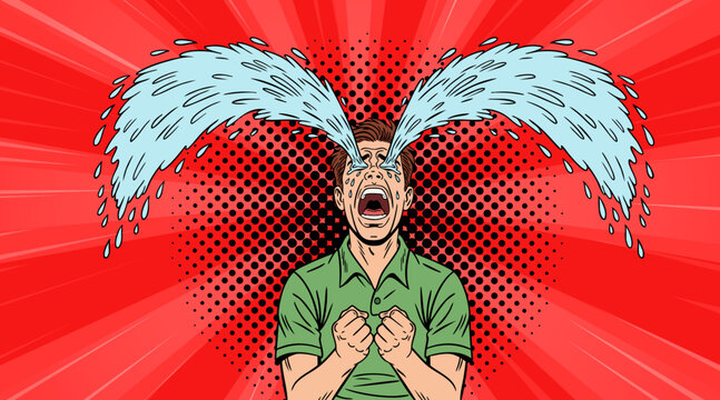A man is crying, tears flowing freely. Pop art illustration.