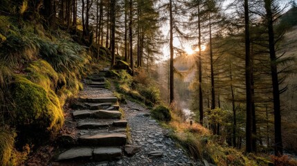 A serene forest pathway with stone steps, framed by tall trees and gentle sunlight filtering through, creating a tranquil and inviting atmosphere.