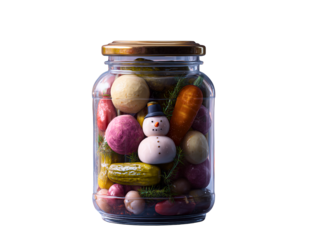 Whimsical pickled vegetable jar snowman winter holiday concept