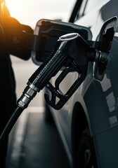 A close view of a metallic fuel nozzle inserted into a vehicle during refueling, highlighting the rising costs of energy and transportation fuel ,shortage ,car ,gasoline