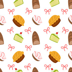 cake and bread seamless pattern with  bow