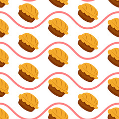 cake and bread seamless pattern with line wave background