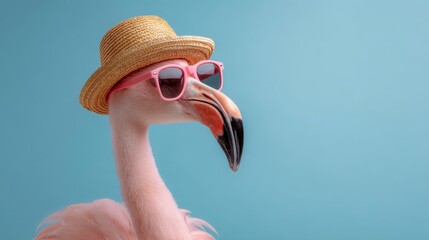 Flamingo in straw hat and sunglasses