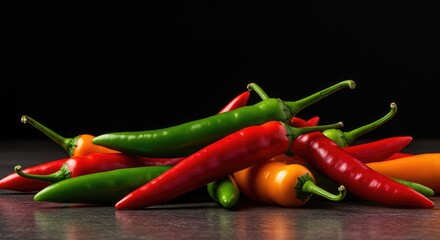 A colorful group of extremely hot chili peppers showing intense heat and vibrant shades of red, orange, and green on a surface ,jalapeno ,macro ,spice
