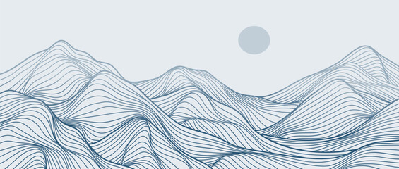 Minimalist Mountain with line art texture. Abstract mountain landscapes backgrounds. mountains range, hills and sun. use for wall art prints, poster Art Decoration, banner © gina