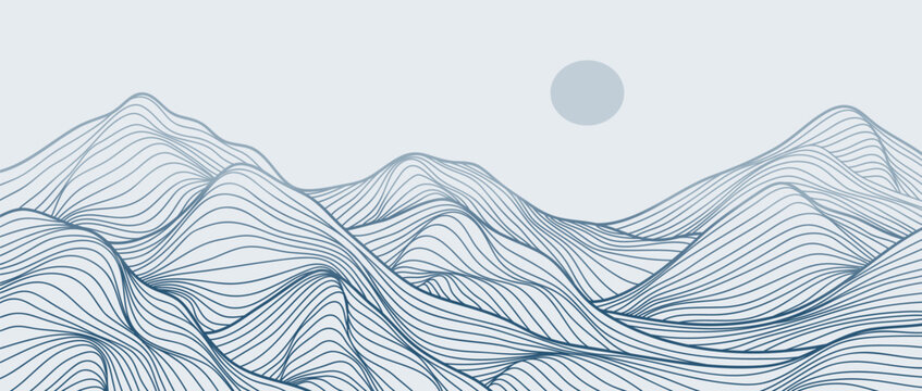 Minimalist Mountain with line art texture. Abstract mountain landscapes backgrounds. mountains range, hills and sun. use for wall art prints, poster Art Decoration, banner