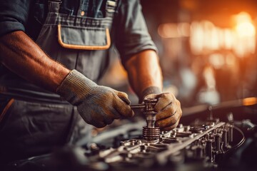 A mechanic works on an engine, using tools with focused determination in a warm, industrial setting.