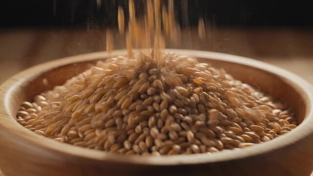 Wheat Grains Falling into Wooden Bowl