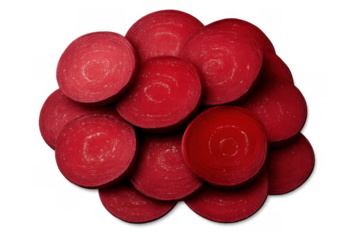 Piled red beet slices showing concentric circles, fresh organic root vegetable for healthy eating on transparent background