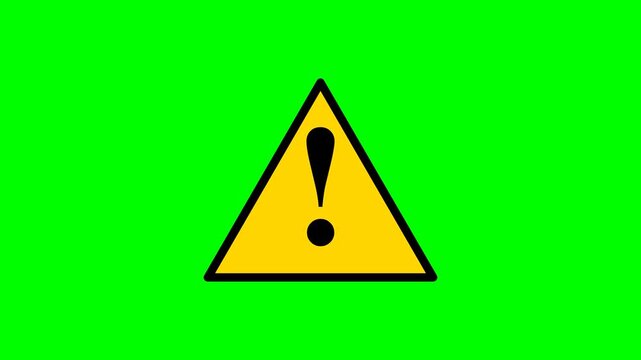 Yellow Warning Triangle Icon with Exclamation Mark for Caution and Safety Alerts on Green Screen Chroma Key