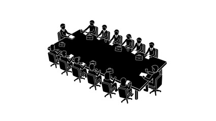 Business meeting icon with group of professionals sitting around a large conference table in isometric style.