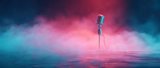 Vintage microphone in neon fog