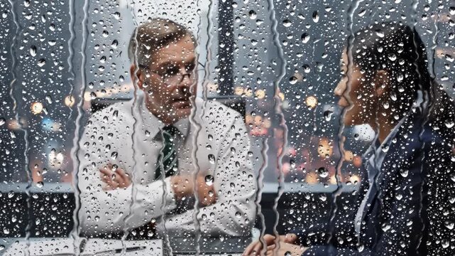 Two business people having a serious conversation in a highrise office during a rainy evening with city lights visible through the wet window glass