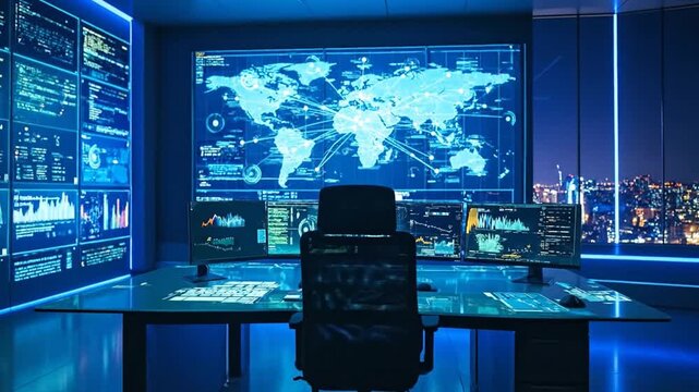 Modern command center with large screens, displays, maps, and city view at night