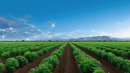 Expansive Green Agricultural Field Under Clear Sky with Digital Connectivity Symbols Representing Future Farming Technology and Sustainability Practices