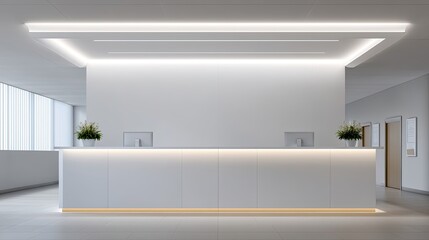 Modern Reception Area with Minimalist Design, Bright Lighting, and Sleek White Counter in Contemporary Office Space