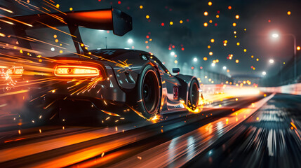 Thrilling night race with sparks flying from high-speed car