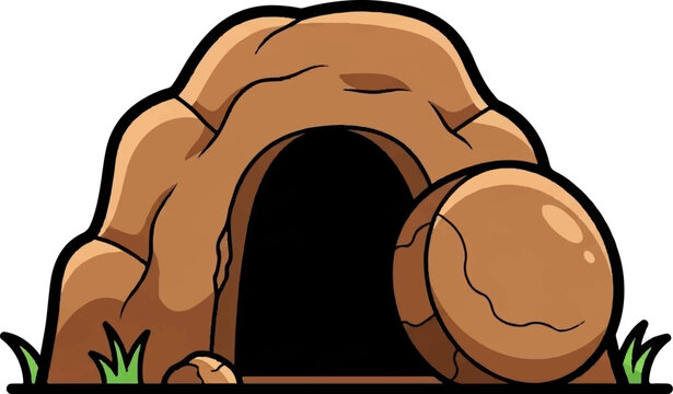 Cartoon illustration of a brown rocky cave or tomb entrance with a large round stone rolled to the side