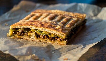 Crispy mutabbaq slice revealing savory filling, placed on parchment paper, close-up detail shot highlighting flaky texture and traditional Middle Eastern street food.