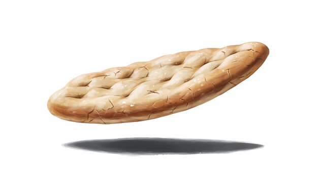 Fresh-baked khubz bread floating mid-air with soft flour texture, isolated on white background, traditional Middle Eastern flatbread concept with clean minimalist style.