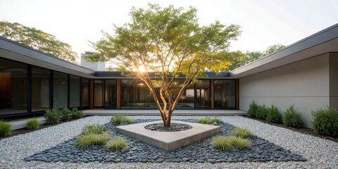 Concrete patio with tree growing through circular roof opening