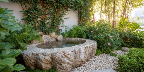 Garden stone bath with greenery and steaming water