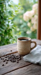 Rustic coffee scene with ceramic mug and wooden table