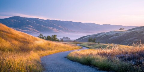 Sunrise over rolling hills and foggy fields