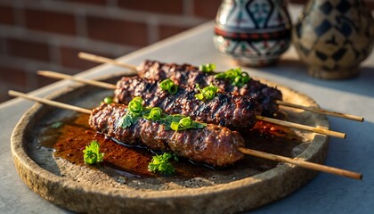Grilled lamb kofta skewers with herbs and smoky texture, arranged on a stone plate, simple Middle Eastern food setting with rustic natural presentation.