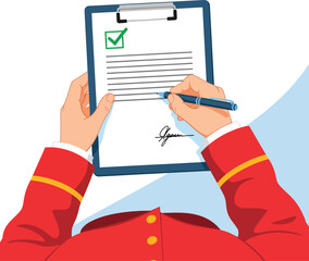 A uniformed service person in a red jacket signing a document on a clipboard with a green checkmark.