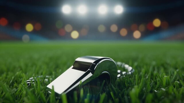Referee whistle on green stadium field at night