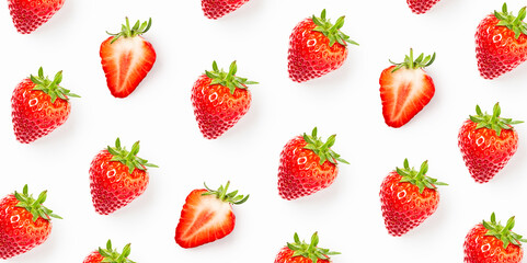 Strawberry pattern isolated on white background. Minimalist repeat composition with fresh whole and sliced strawberries