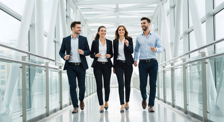 Fototapeta premium Four business professionals walking quickly in a modern glass of