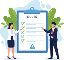 Businesswoman and businessman pointing at a large clipboard with a completed RULES checklist illustrating corporate compliance and policy.