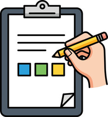 Cartoon hand with a yellow pencil marking a colorful checkbox on a clipboard survey form.