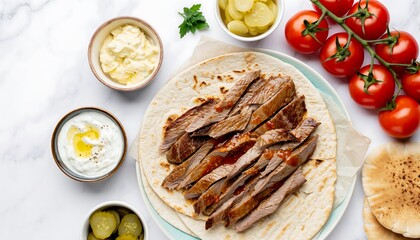 Sliced beef shawarma with pita bread, garlic sauce, pickles, and tomatoes arranged in flat lay, isolated on white background, Middle Eastern food concept.