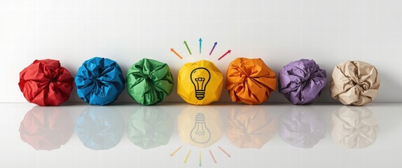 Colorful crumpled paper balls represent creative ideas and innovation